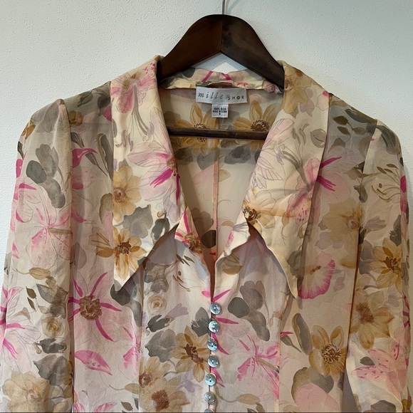 90s Vintage Miller Shor Silk Sheer Floral Maxi Half Sleeve Overlay Dress - Picture 9 of 11